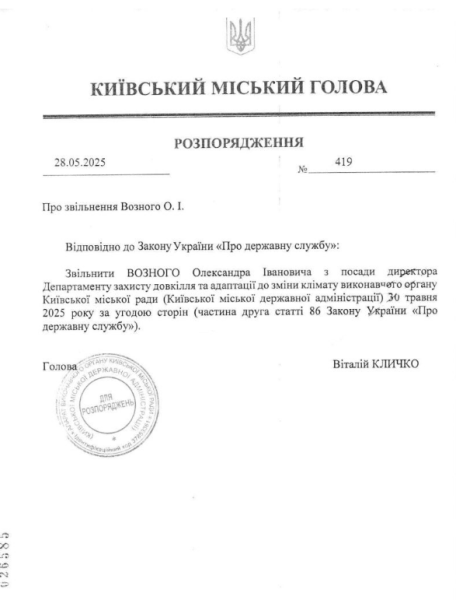 Кличко звільнив Возного з посади директора Департаменту захисту довкілля КМДА